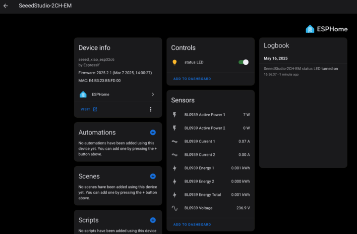 SeeedStudio 2CH EM ESPHome HomeAssistant