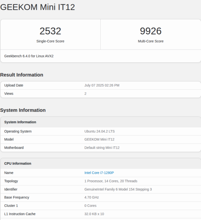 GEEKOM Mini IT12 2025 Edition Geekbench 6.4.0