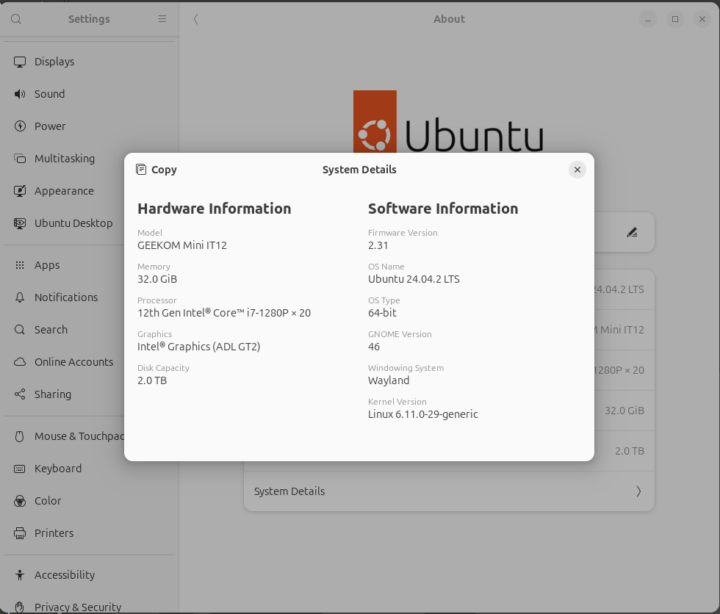 GEEKOM Mini IT12 2025 Edition system details
