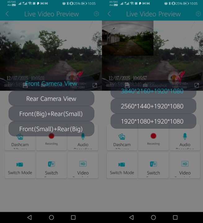 Kacam Swich Front Rear video resolution