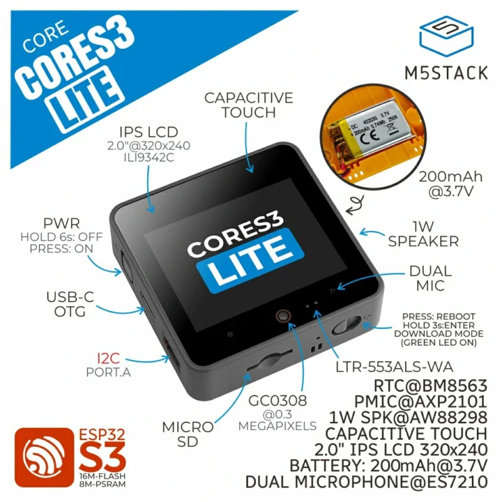 M5Stack low cost ESP32-S3 IoT Controller 200nAh battery