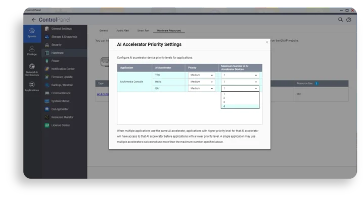 QNAP Control Panel AI Accelerator Settings