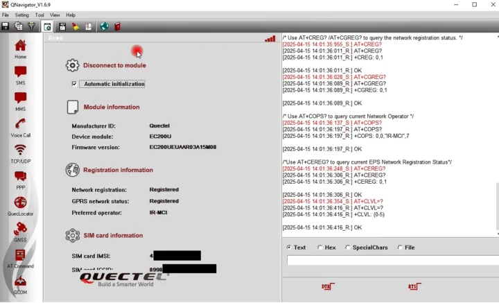 Quectel EC200U QNavigator AT commands monitoring