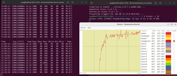 Beelink EQi13 Pro Temperature stress test Psensor