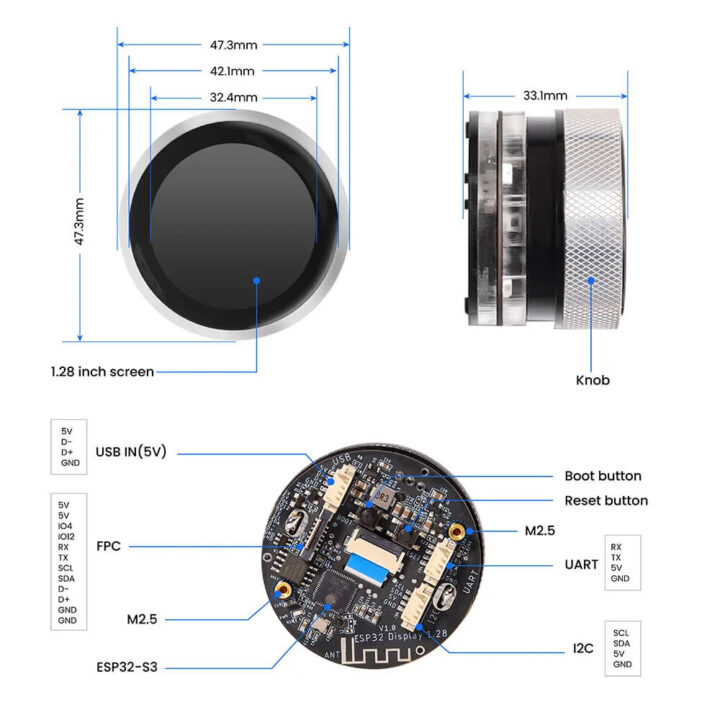 CrowPanel 1.28 inch Rotary Display Dimension and Hardware Overview CrowPanel 1.28 inch Rotary Display Dimension and Hardware Overview