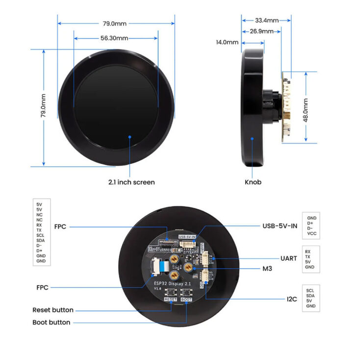 CrowPanel 2.1 inch Rotary Display Dimension and Hardware Overview CrowPanel 2.1 inch Rotary Display Dimension and Hardware Overview