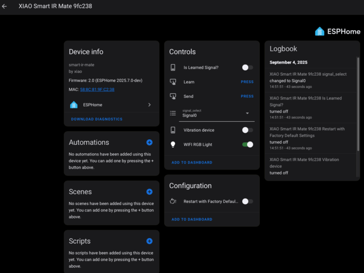 SeeedStudio XIAO IR HomeAssistant GUI