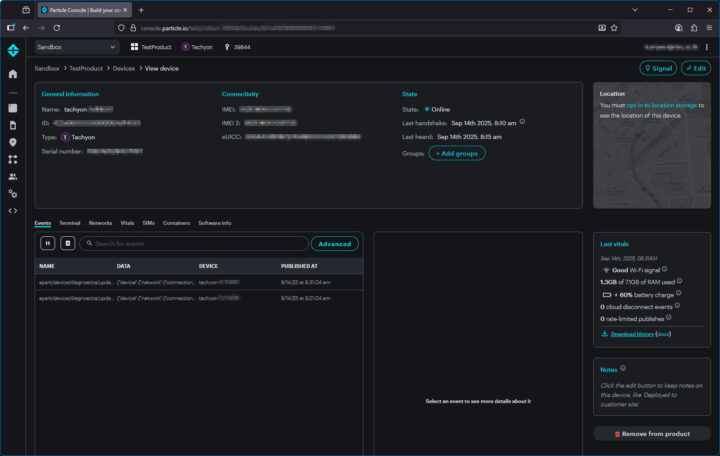 Particle Tachyon ติดต่อกับ Particle Console ได้สำเร็จ