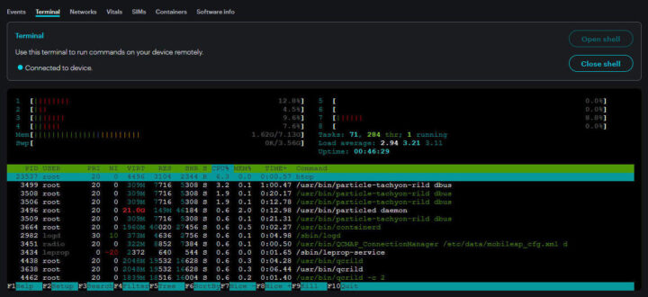ทดสอบรัน htop จากหน้าต่าง Terminal ใน Particle Console