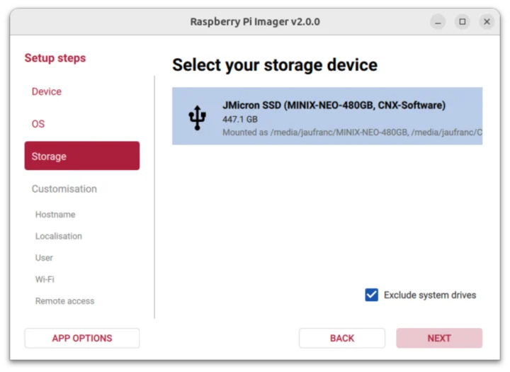 Raspberry Pi Imager 2.0 storage selection