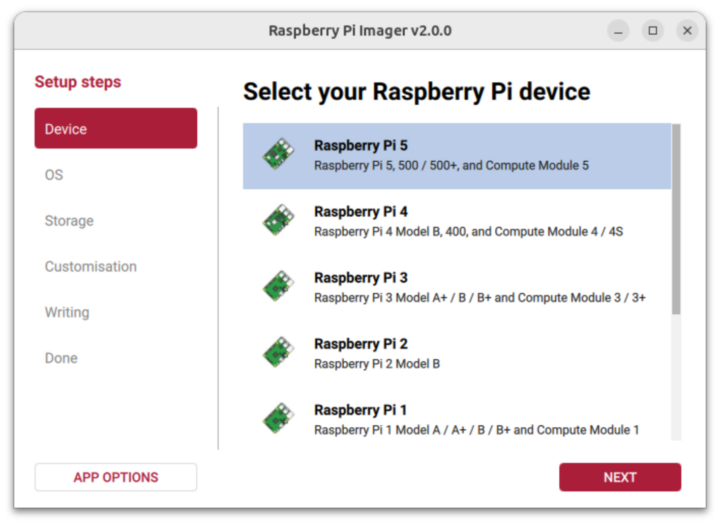 Raspberry Pi Imager V2.0.0 Raspberry Pi 5 Device
