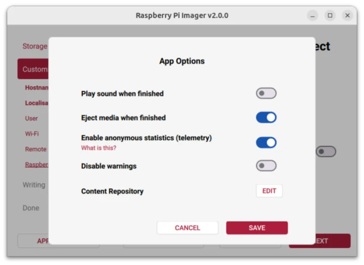 Raspberry Pi Imager v2.0 App Options