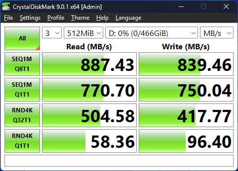 การทดสอบประสิทธิภาพของดิสก์ด้วย CrystalDiskMark (512MB) การทดสอบประสิทธิภาพของดิสก์ด้วย CrystalDiskMark (512MB)