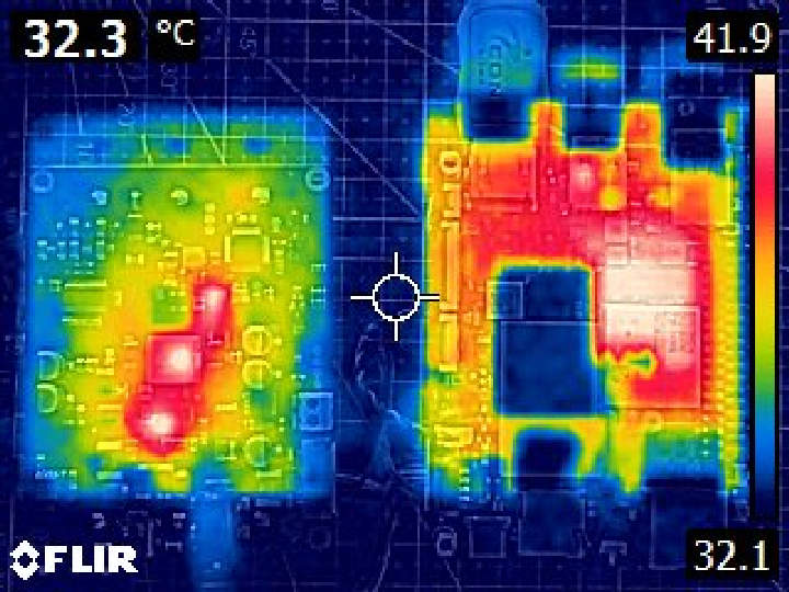 อุณหภูมิและการกระจายความร้อนเมื่ออยู่ในสถานะว่างงาน (ซ้าย) UPS และ (ขวา) SBC อุณหภูมิและการกระจายความร้อนเมื่ออยู่ในสถานะว่างงาน (ซ้าย) UPS และ (ขวา) SBC