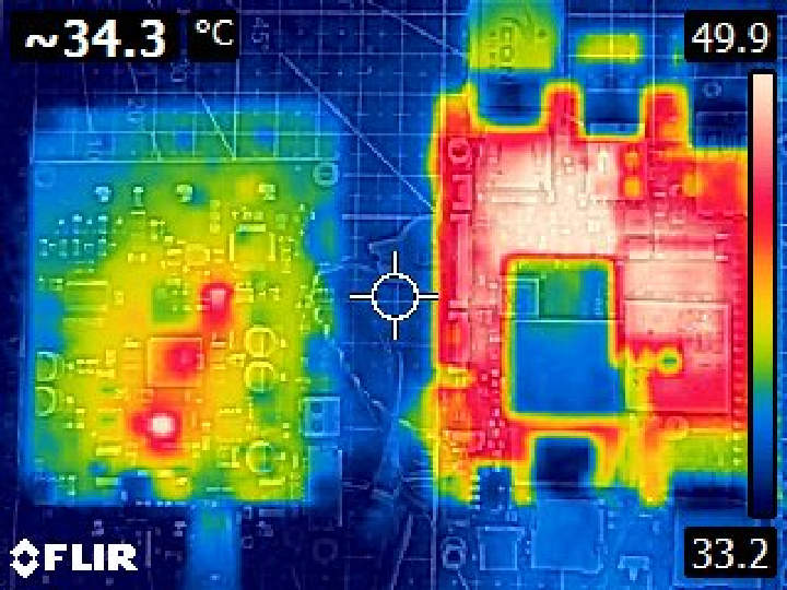 อุณหภูมิและการกระจายความร้อนเมื่ออยู่ในสถานะทำงานเต็มที่ (ซ้าย) UPS และ (ขวา) SBC อุณหภูมิและการกระจายความร้อนเมื่ออยู่ในสถานะทำงานเต็มที่ (ซ้าย) UPS และ (ขวา) SBC