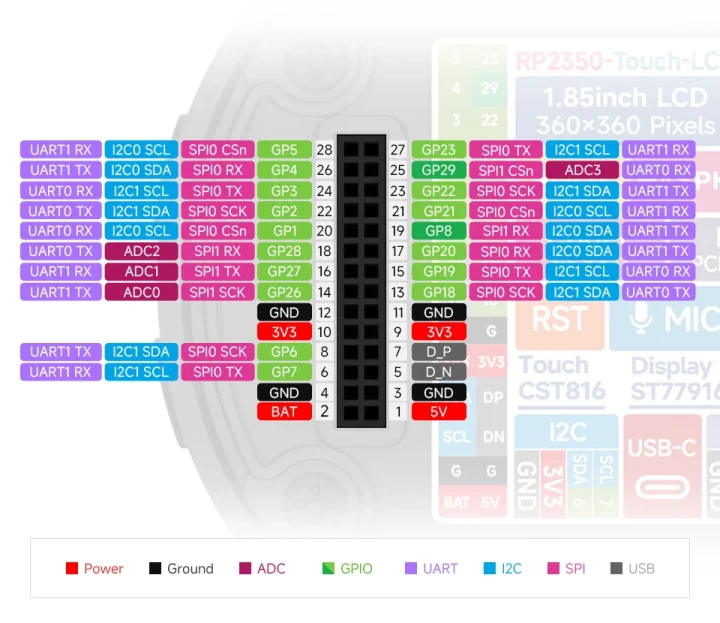 RP2350 Touch LCD 1.85C pinout diagram