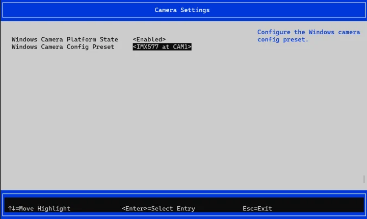 Radxa Dragon Q6A UEFI Camera Settings