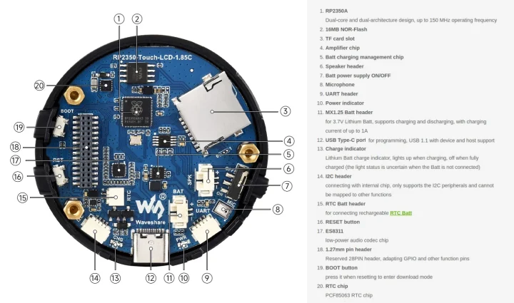 Raspberry Pi RP2350 board speaker rtc battery microSD slot