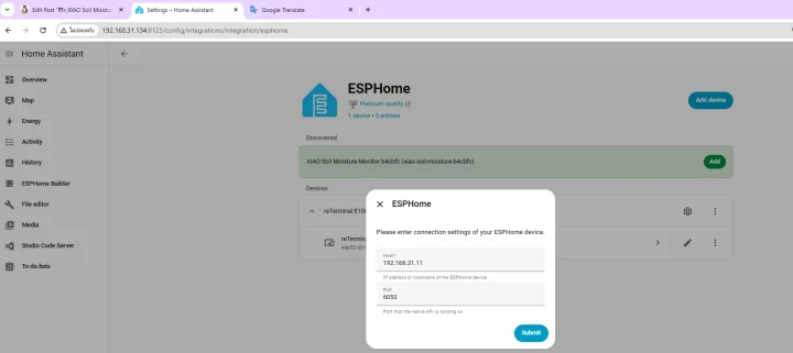 add device XIAO Soil Moisture Home Assistant