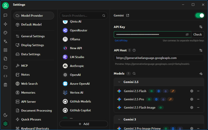 เปิดใช้งาน Gemini ใน Cherry studio