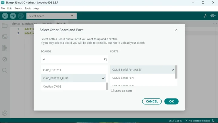 Arduino IDE Tools Board XIAO ESP32S3 Plus and Port