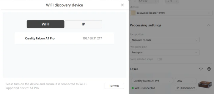 Falcon A1 Pro Connect via Wi Fi