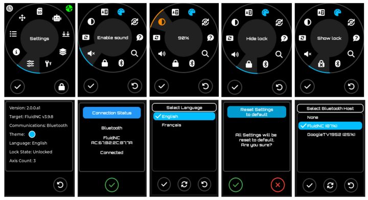 PiBot CNC Pendant V4.0 touchscreen UI showing settings Bluetooth connection status language selection and system configuration menus