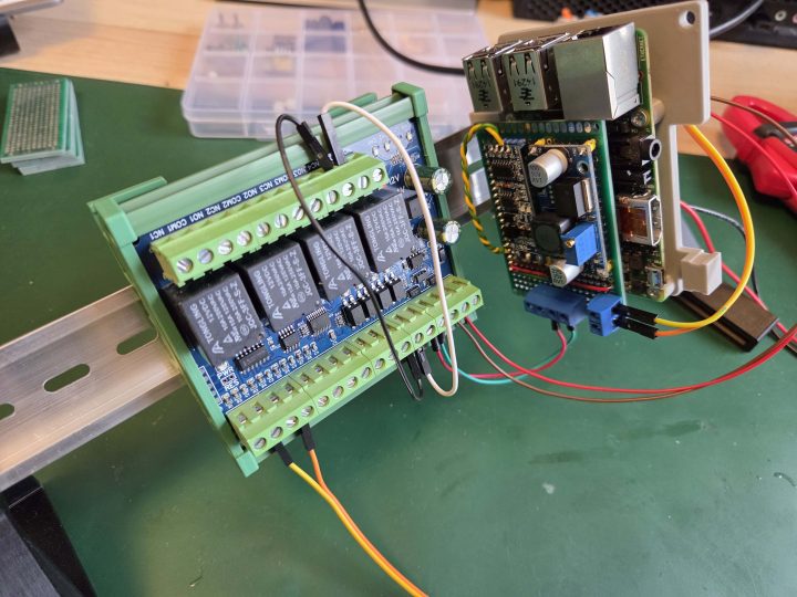 RS485 Modbus HAT on a Raspberry Pi connected to an industrial relay module