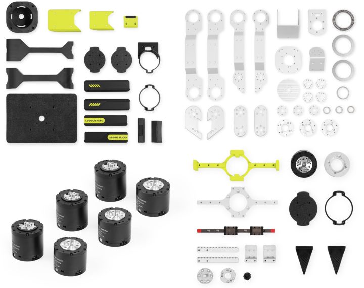 Exploded view of the reBot Arm B601 DM showing structural parts motors and gripper components