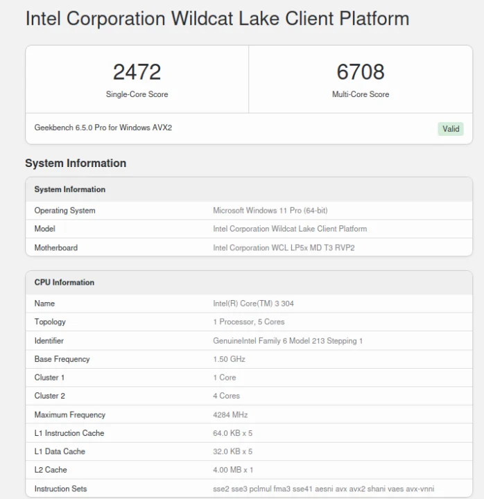Intel Core 3 304 Geekbench 6.5 Benchmark
