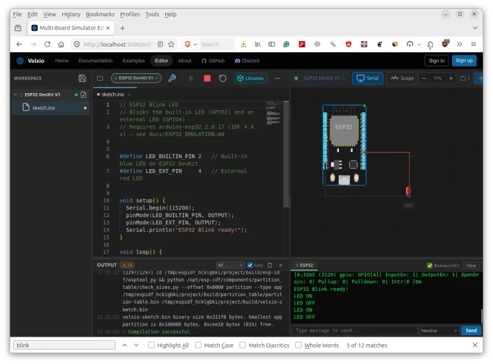 Velxio ESP32 Blink LED sample 