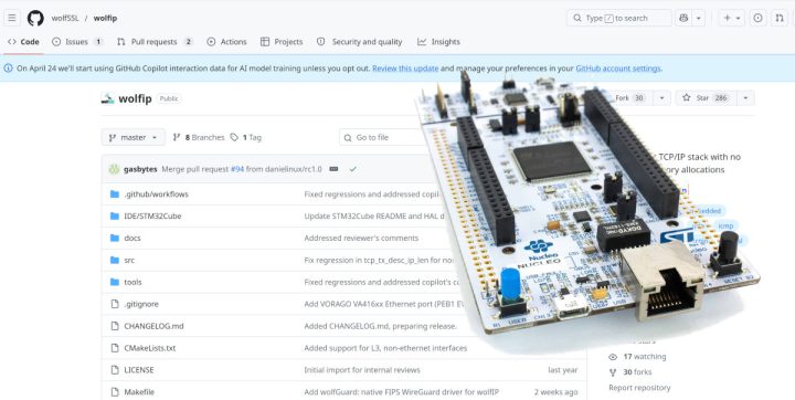wolfip TCP IP library no memory allocations