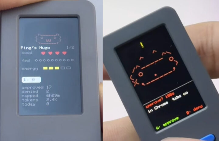 Claude Desktop Buddy showing pet stats and mood left and a real time approval prompt with physical button controls right