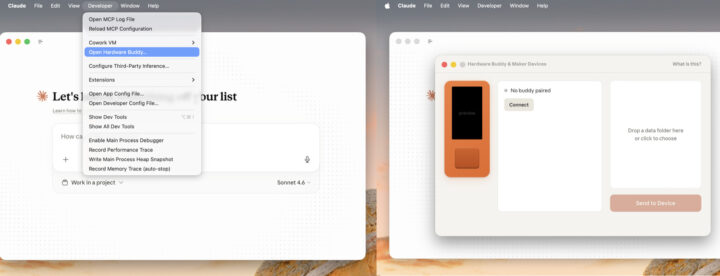 Claude desktop app showing the Hardware Buddy window in the Developer menu left and the pairing interface for connecting an ESP32 device and adding custom character packs right