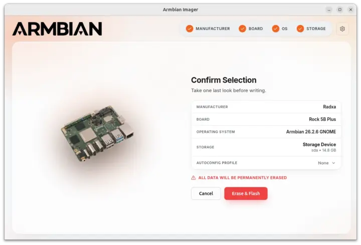 Armbian Imager 2.0 confirm selection Armbian Imager 2.0 confirm selection