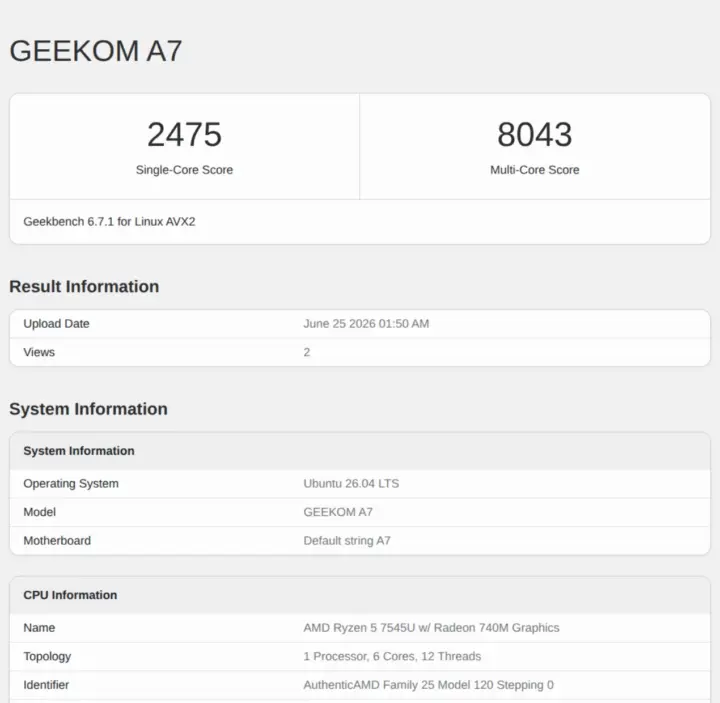 GEEKOM A7 2026 Edition Geekbench 6.7.1