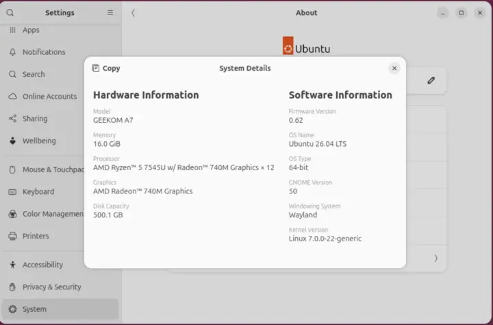 GEEKOM A7 2026 Edition about Ubuntu 26.04
