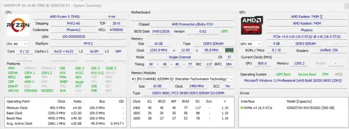 GEEKOM A7 2026 AMD Ryzen 5 7545U HWinFO windows GEEKOM A7 2026 AMD Ryzen 5 7545U HWinFO windows