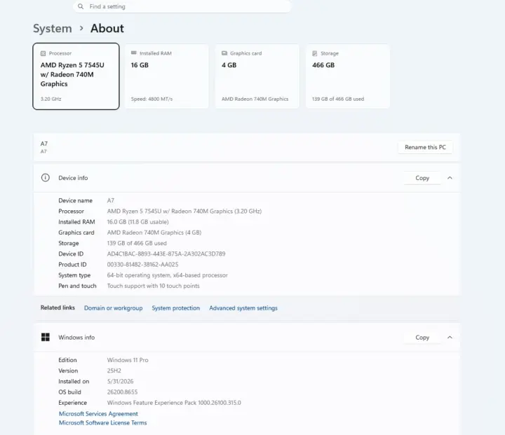 GEEKOM A7 2026 AMD Ryzen 5 7545U system about Windows 11 GEEKOM A7 2026 AMD Ryzen 5 7545U system about Windows 11