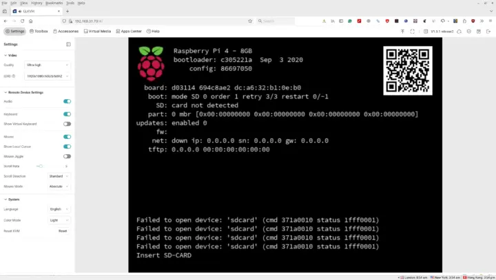 GLKVM Raspberry Pi 4 Bootloader No MicroSD card present