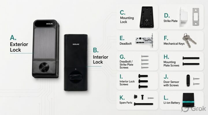 The package includes the exterior and interior lock units deadbolt assembly mounting hardware door sensor mechanical keys and a removable lithium ion battery
