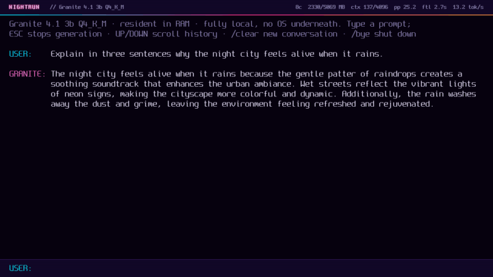 Completed response from the Granite 4.1 3B model in NightRuns framebuffer chat interface with live inference statistics displayed in the status bar Completed response from the Granite 4.1 3B model in NightRuns framebuffer chat interface with live inference statistics displayed in the status bar