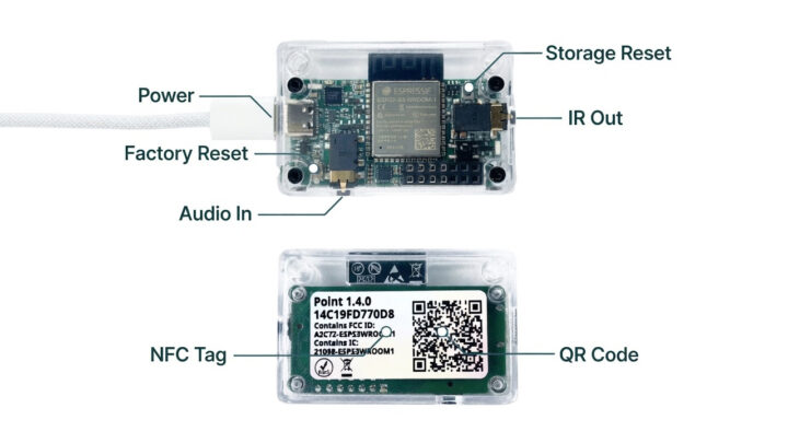 OpenInfrared Point hardware layout showing the USB C power input IR output audio input reset buttons NFC tag and QR code OpenInfrared Point hardware layout showing the USB C power input IR output audio input reset buttons NFC tag and QR code
