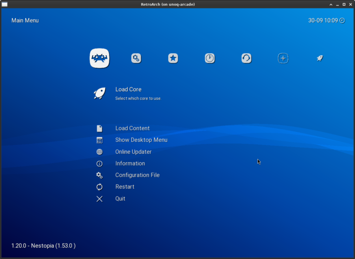 RetroArch main menu running on the Arduino UNO Q Debian desktop