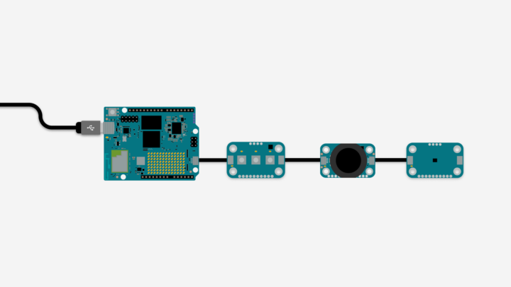 UNO Q connected to the Modulino nodes via Qwiic cables