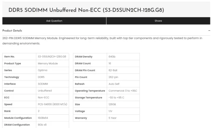 โมดูลหน่วยความจำ DDR5 SO-DIMM ขนาด 128GB