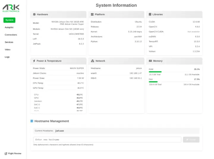 ภาพหน้าจอ ARK UI บน NVIDIA Jetson Orin NX