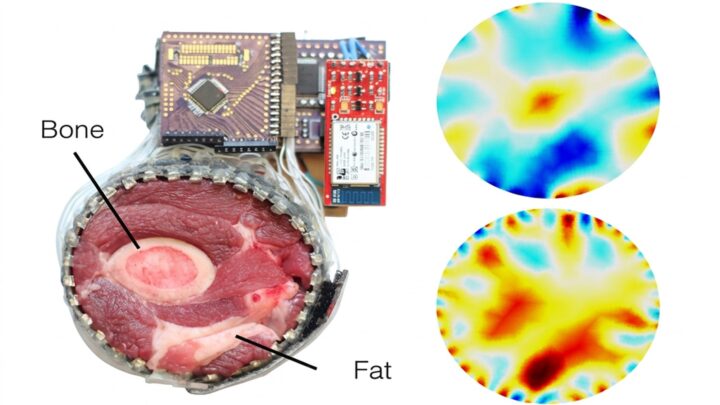 EIT wrist sensing setup showing the electrode array, bone and fat layers, and EIT maps