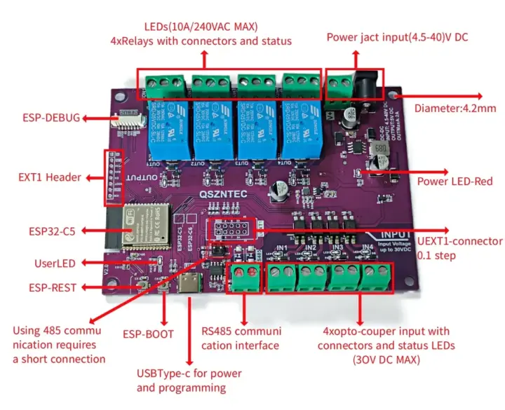 ESP32-C5 EVB quad relay board specifications ESP32-C5 EVB quad relay board specifications