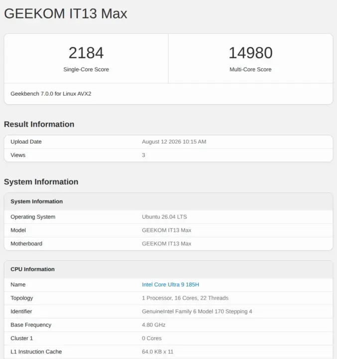 GEEKOM IT13 Max Geekbench 7.0 GEEKOM IT13 Max Geekbench 7.0